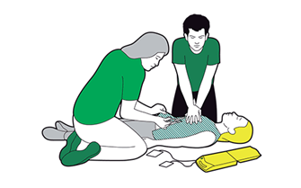 Adult CPR - if someone is unresponsive and not breathing, ask a helper to call 999 or 112 while you start CPR