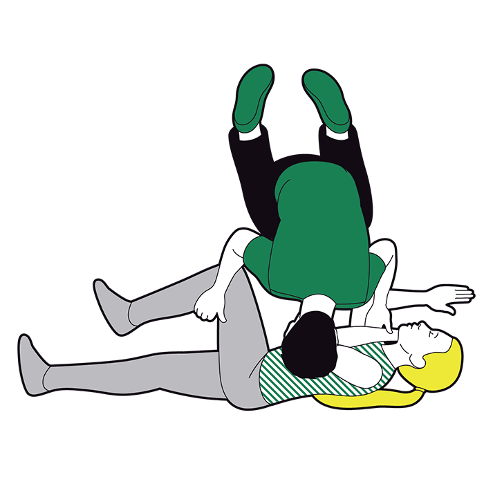 Adult recovery position - pull on the far leg and roll towards you on to their side