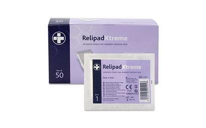 Box of 50 5cm x 5cm RelipadXtreme Low-Adherent Dressing Pads Box of 50 5cm x 5cm RelipadXtreme Low-Adherent Dressing Pads